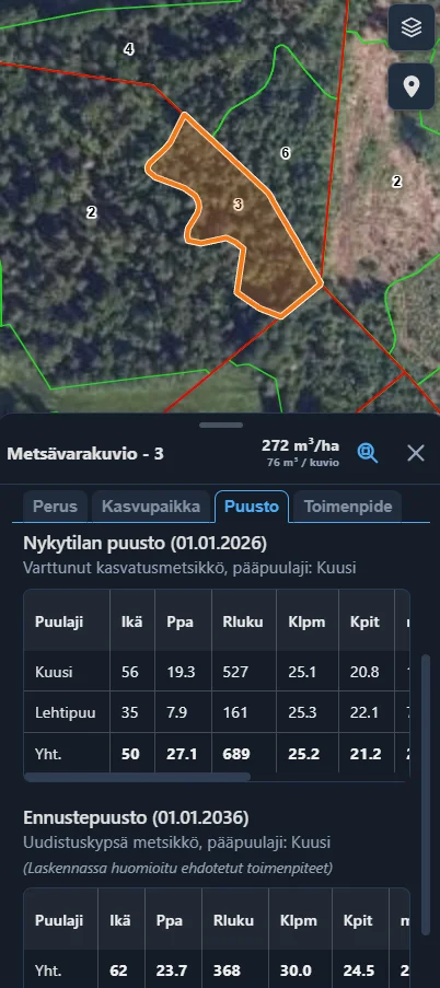 Metsävarakuvion puustotiedot tummassa tilassa