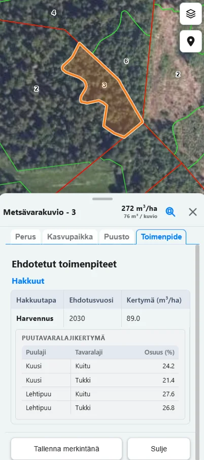 Metsävarakuvion toimenpide-ehdotukset vaaleassa tilassa