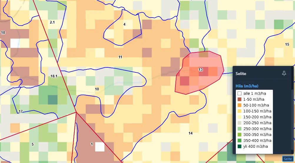 Puuston tilavuushila (m3/ha) ja väriselite kartalla