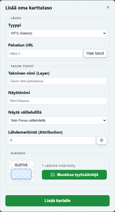 Oman karttatason lisäysikkuna Mapis-sovelluksessa