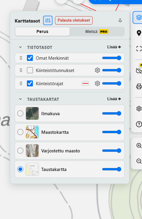Tasojen hallinta muokkaustilassa Mapis-sovelluksessa