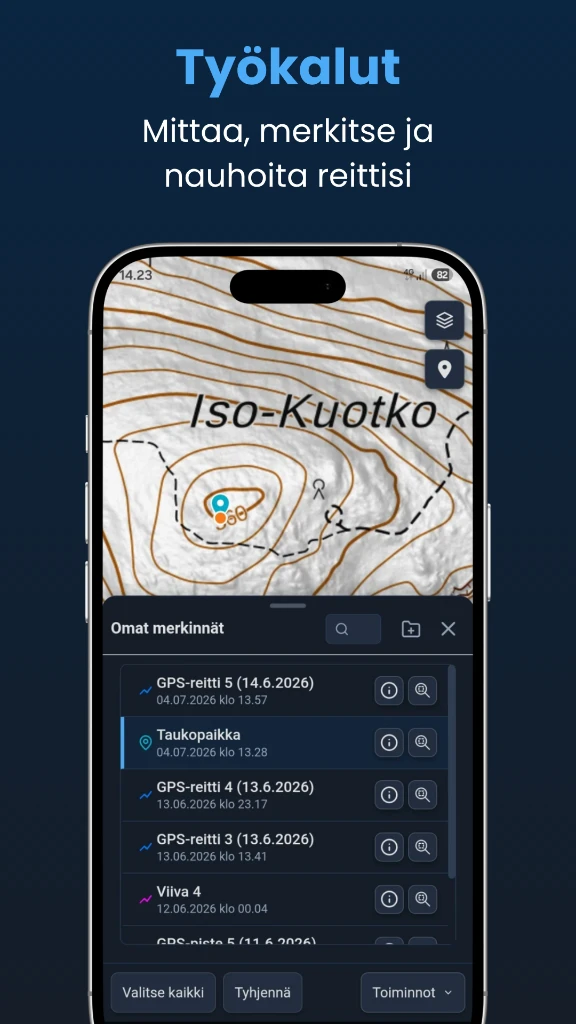 Mittaa etäisyydet, lisää merkinnät ja nauhoita GPS-reitti kartalle