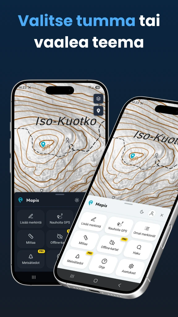 Mapis-sovelluksen tumma ja vaalea teema mobiililaitteella