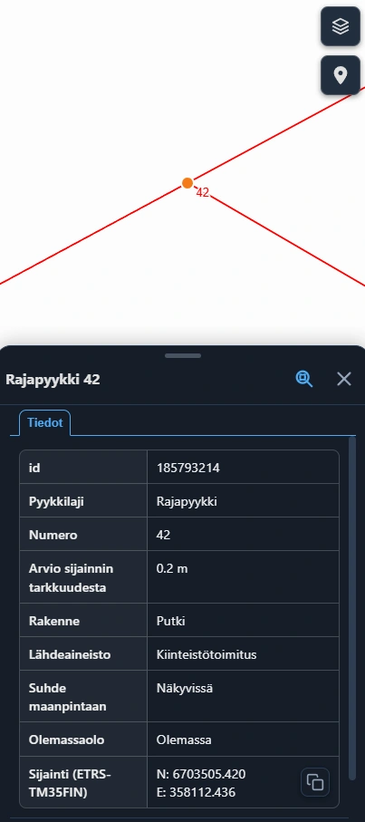 Rajapyykin tiedot ja koordinaatit tietolomakkeella