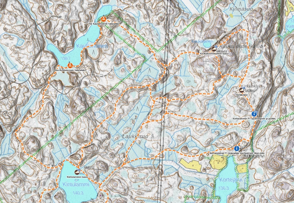 Retkeilyreitit, laavut ja tulipaikat maastokartalla Mapis-sovelluksessa