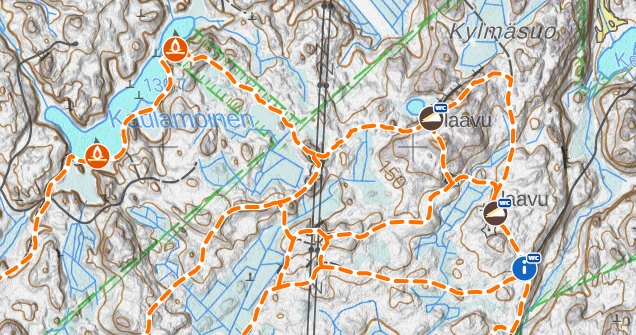 Retkeilyreitit, laavut ja tulipaikat maastokartalla